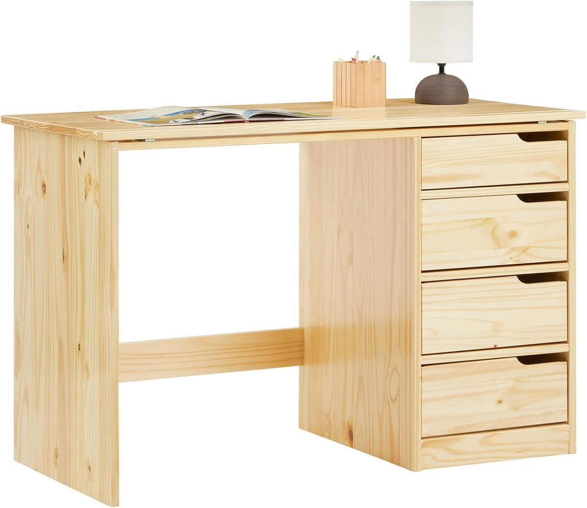 IDIMEX Schreibtisch, Natur, Kinder Emma aus Kiefer Massivholz, - mit neigungsverstellbarer Tischplatte, schöner Jugend mit 4 Schubladen