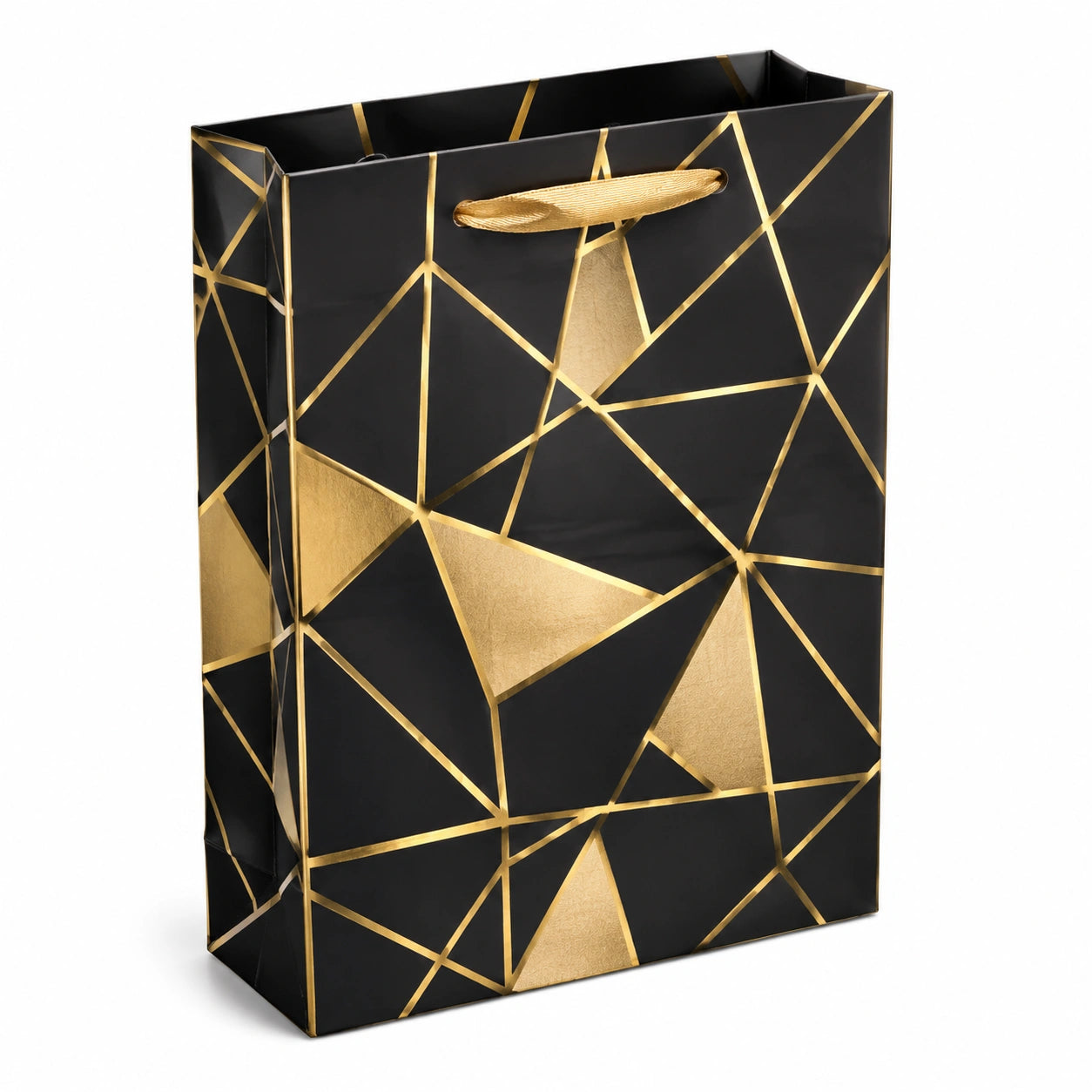Geschenktüte 26 x 12 x 32 cm aus Papier Schwarz Gold geometrisch mit Kordelgriffen