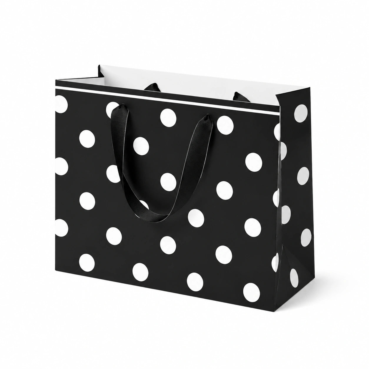 Geschenktasche 32 x 12 x 26 cm aus Papier Schwarz Weiß gepunktet mit Tragegriffen