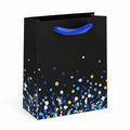 Geschenktüte 26 x 12 x 32 cm aus Papier Schwarz Blau Gold mit Satinband und Konfetti-Druck