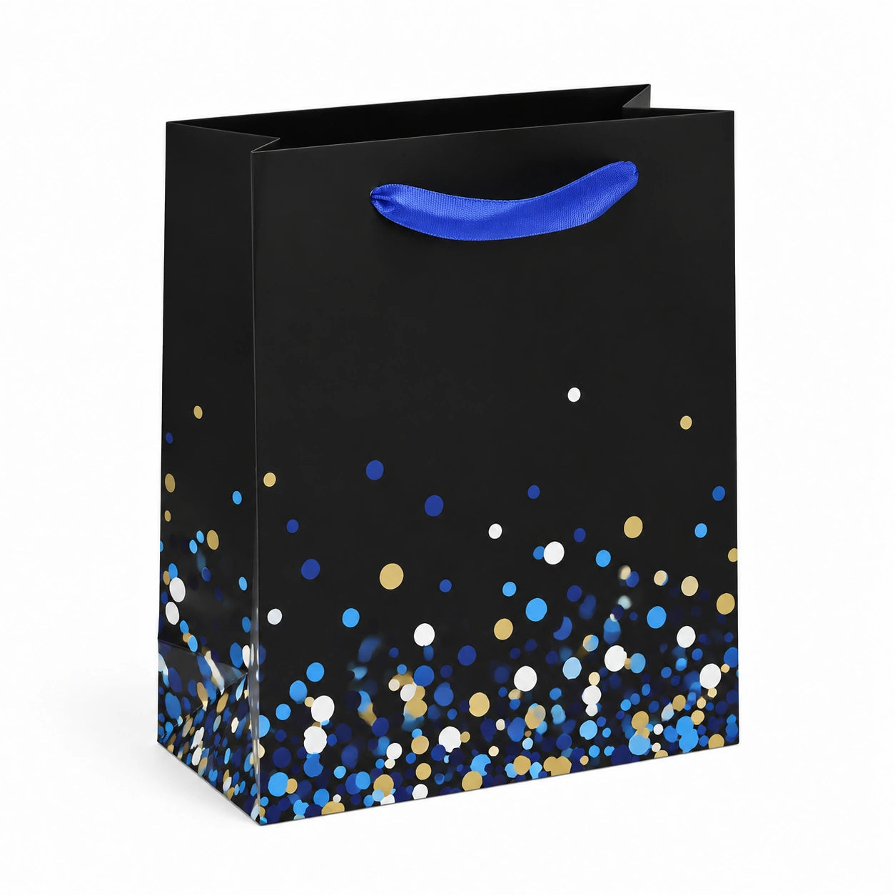 Geschenktüte 26 x 12 x 32 cm aus Papier Schwarz Blau Gold mit Satinband und Konfetti-Druck