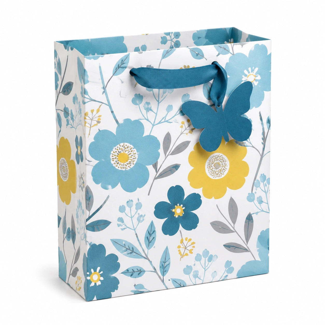 Geschenktüte 21 x 10 x 26 cm aus Papier Weiß Blau Gelb mit Blumenmuster und Tragegriff