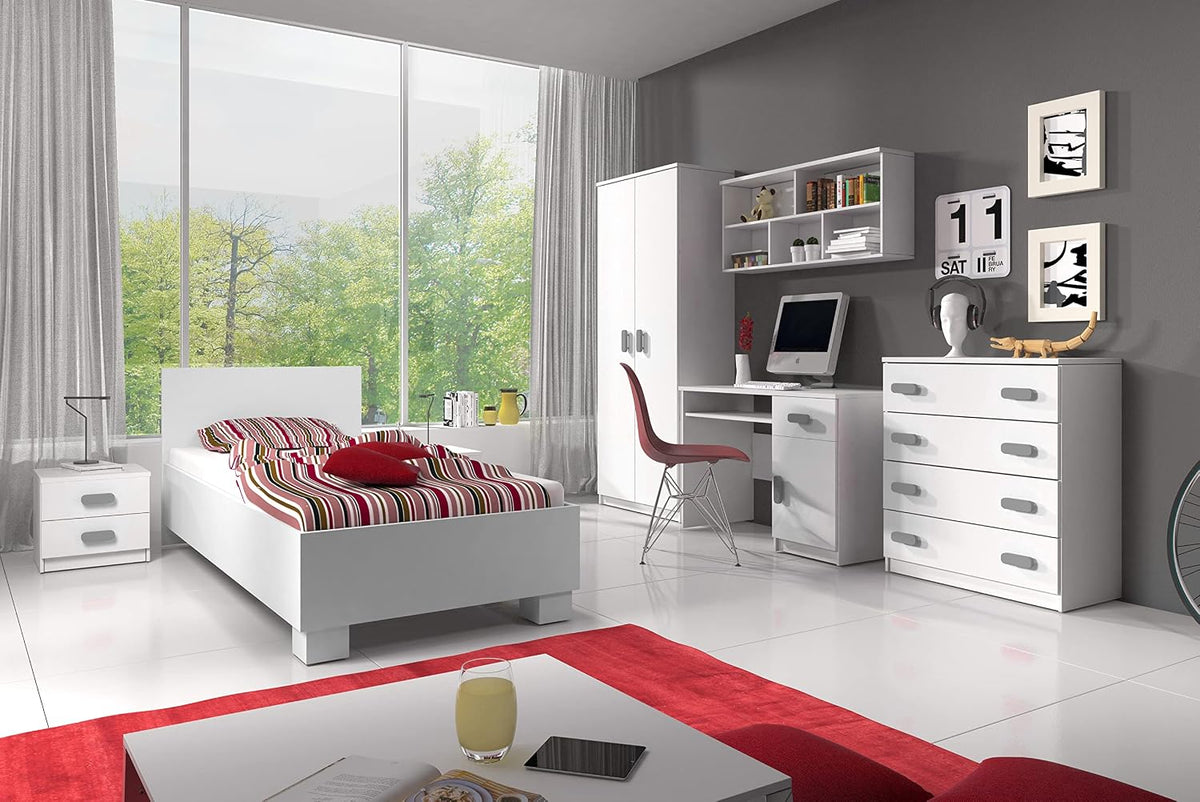 Fabryka Mebli Idźczak Bett, Grau, Kinderzimmer-Set Jonas I 01 - Schrank, Wandregal, Kommode, Schreibtisch, Modern Design - Weiß/