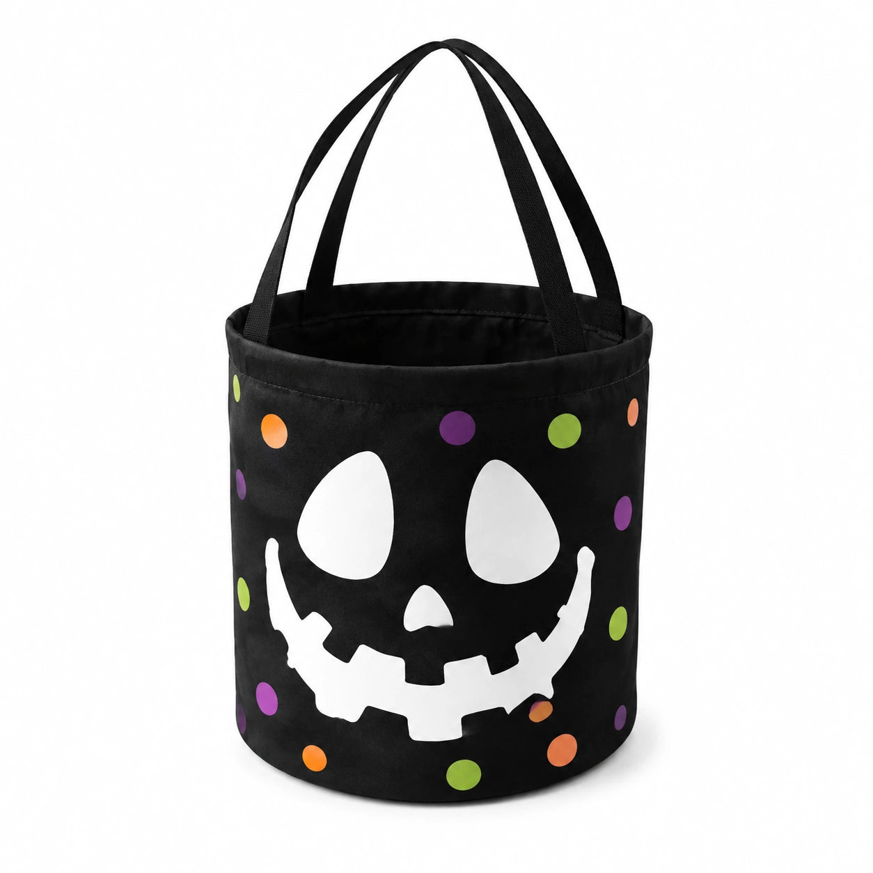 Runde Aufbewahrungstasche 30 x 35 cm aus Polyester schwarz mit Kürbisgesicht und Tragegriffen