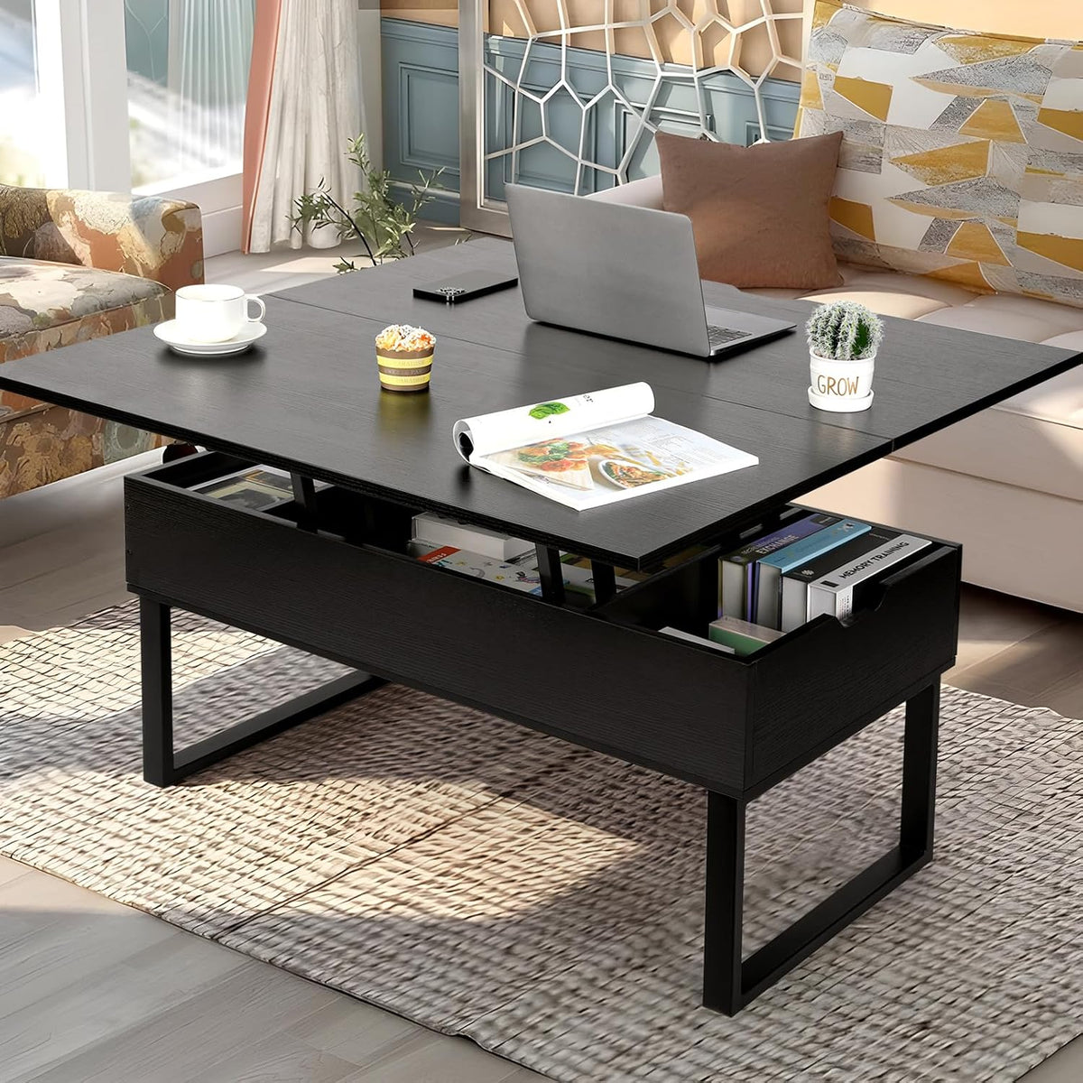 VOWNER Sofa, Schwarz, Couchtisch Höhenverstellbar Wohnzimmertisch, Holz