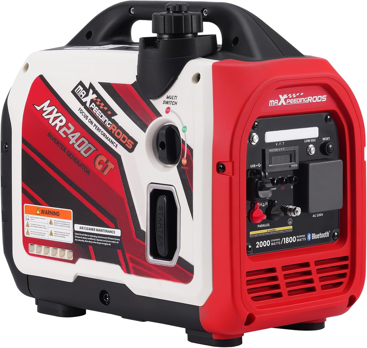 maXpeedingrods Powerstation, 2400 W, 15 kg, Rot/Weiß/Schwarz, Inverter Stromgenerator Benzin, Bluetooth-App zur Fernüberwachung der Daten
