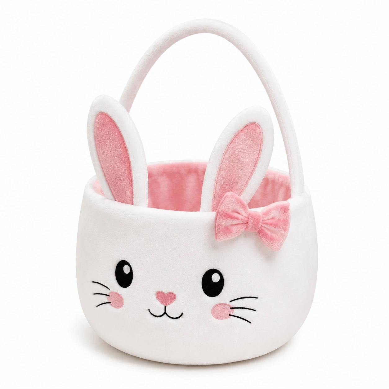 Osterkorb 25 cm aus Plüsch Weiß Rosa mit Hasenmotiv und Tragegriff