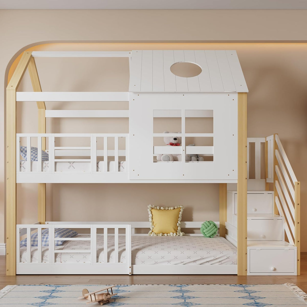 RIAZOS Bett, Natur, Kinder Etagen 90 x 200, Haus für 2 Kinder, Hoch mit Lattenrost, Treppe und Rausfallschutz, Baumhaus mit Fenster und Dach