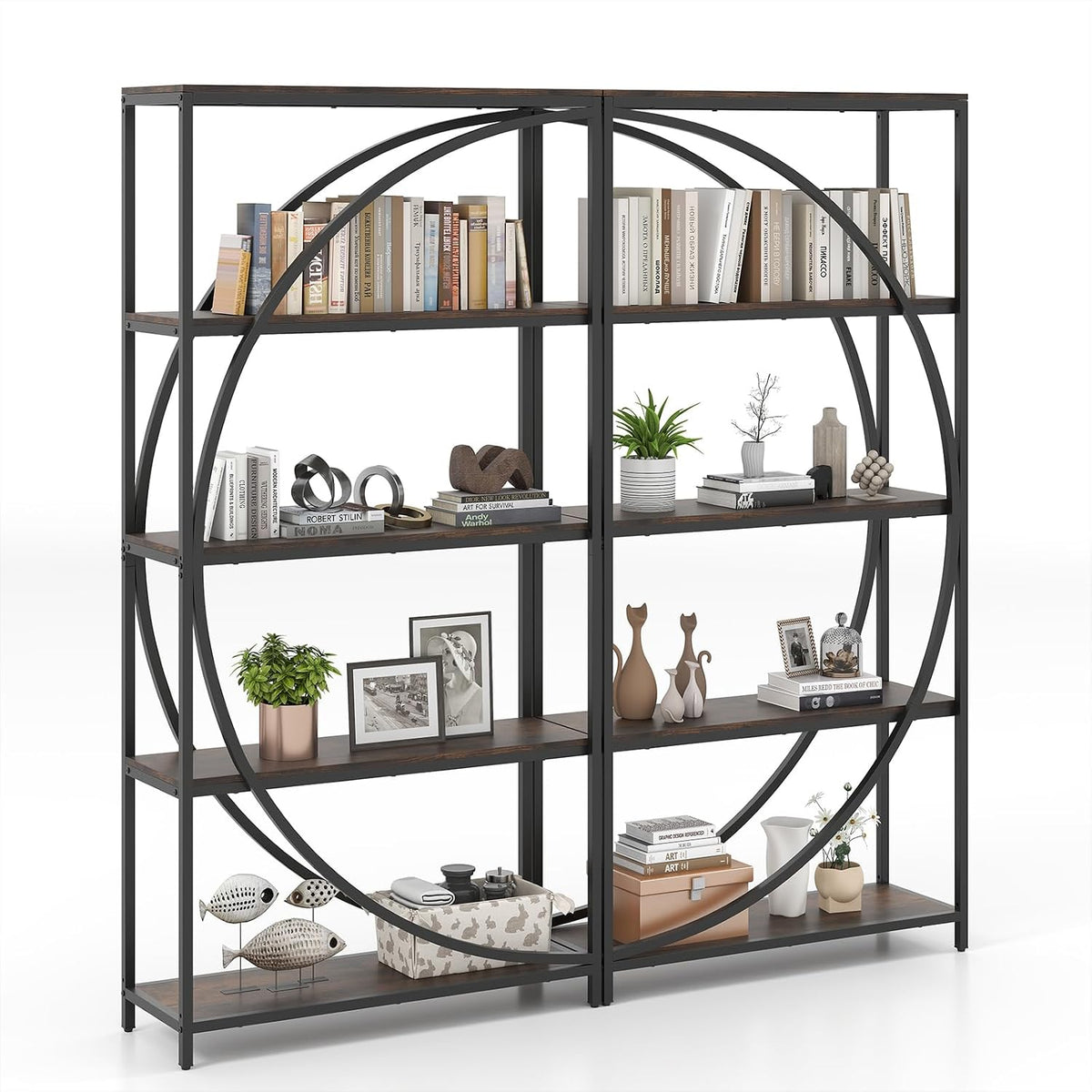 COSTWAY Bücherregal, Metall, Holzspanplatte, Schwarz, 2er Set Geometrisches, Büroregal mit offenen Holzregale & Metallrahmen