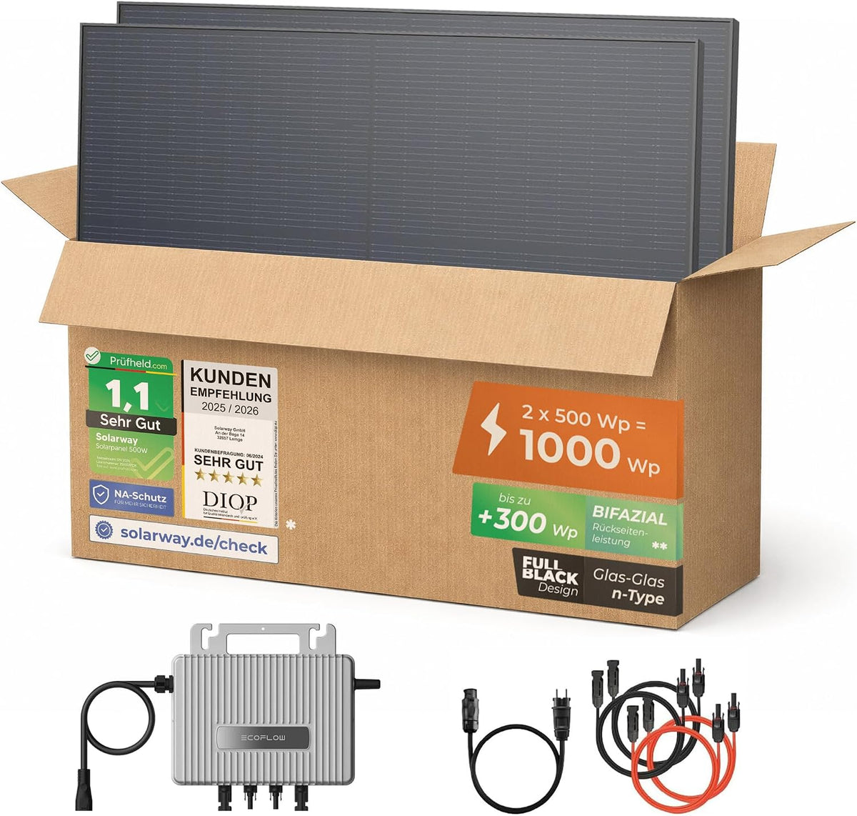 Solarway Netzgebundene Systeme, 800 W, 500 W, Grau, 1000Wp/ Balkonkraftwerk komplett Steckdose - neuester
