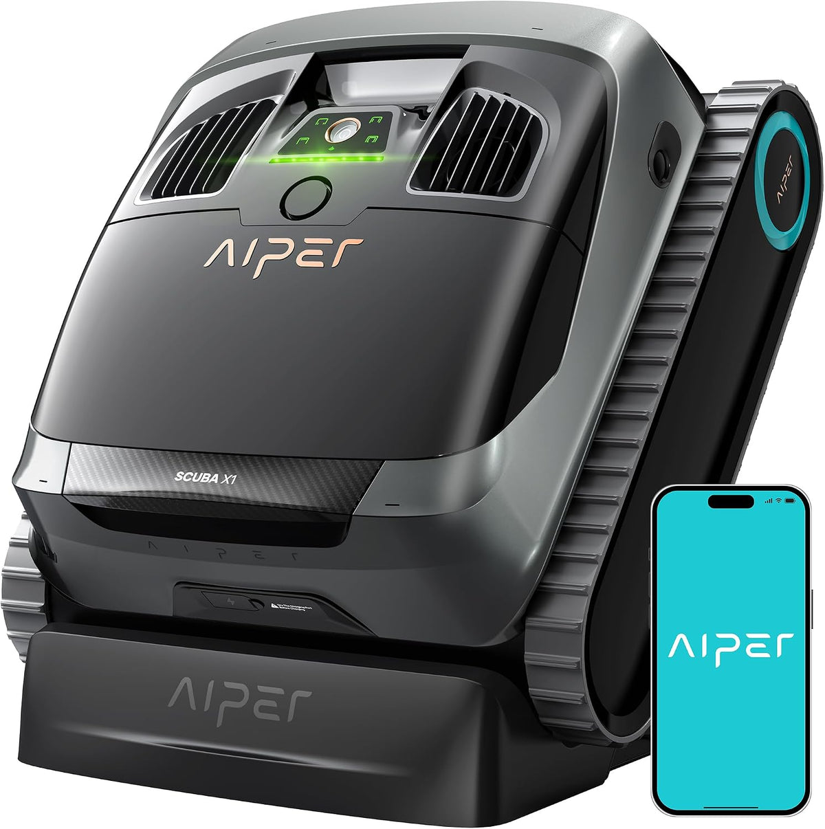 AIPER Poolroboter, Schwarz, Scuba X1 mit App, 25200 LPH Mühelose Sauberkeit mit Doppel-Auslass, 3 μm Ultra-Feinfiltersystem