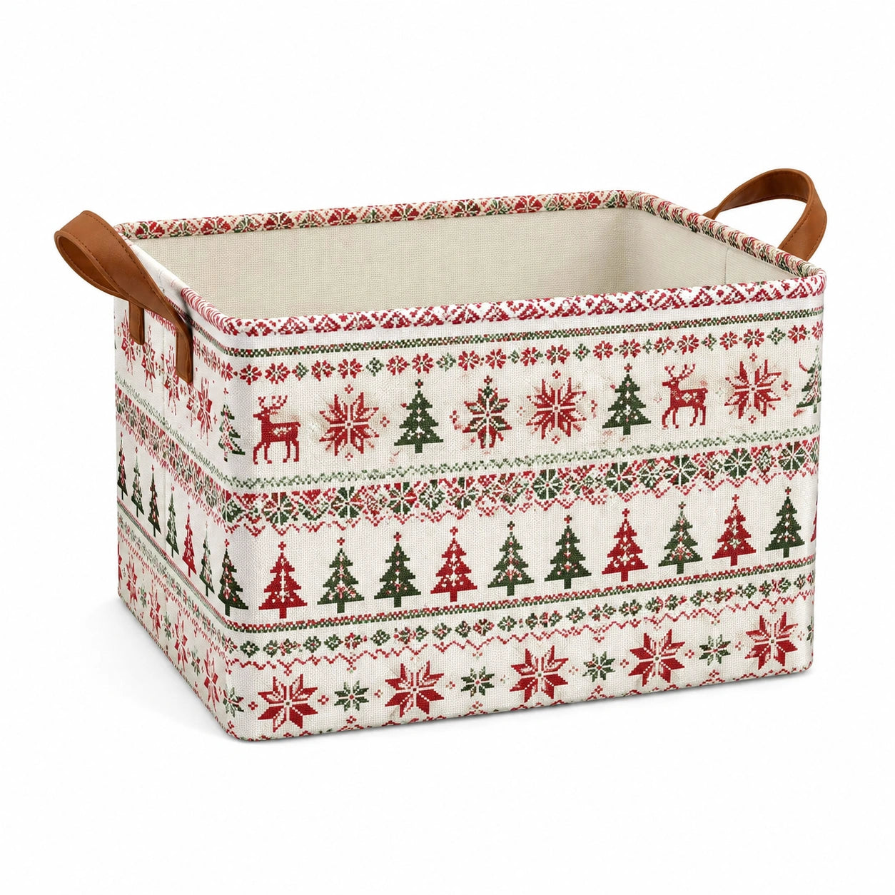 Aufbewahrungskorb 33 x 25 x 20 cm aus Textil in Creme Rot Grün mit Weihnachtsmotiv und Tragegriffen