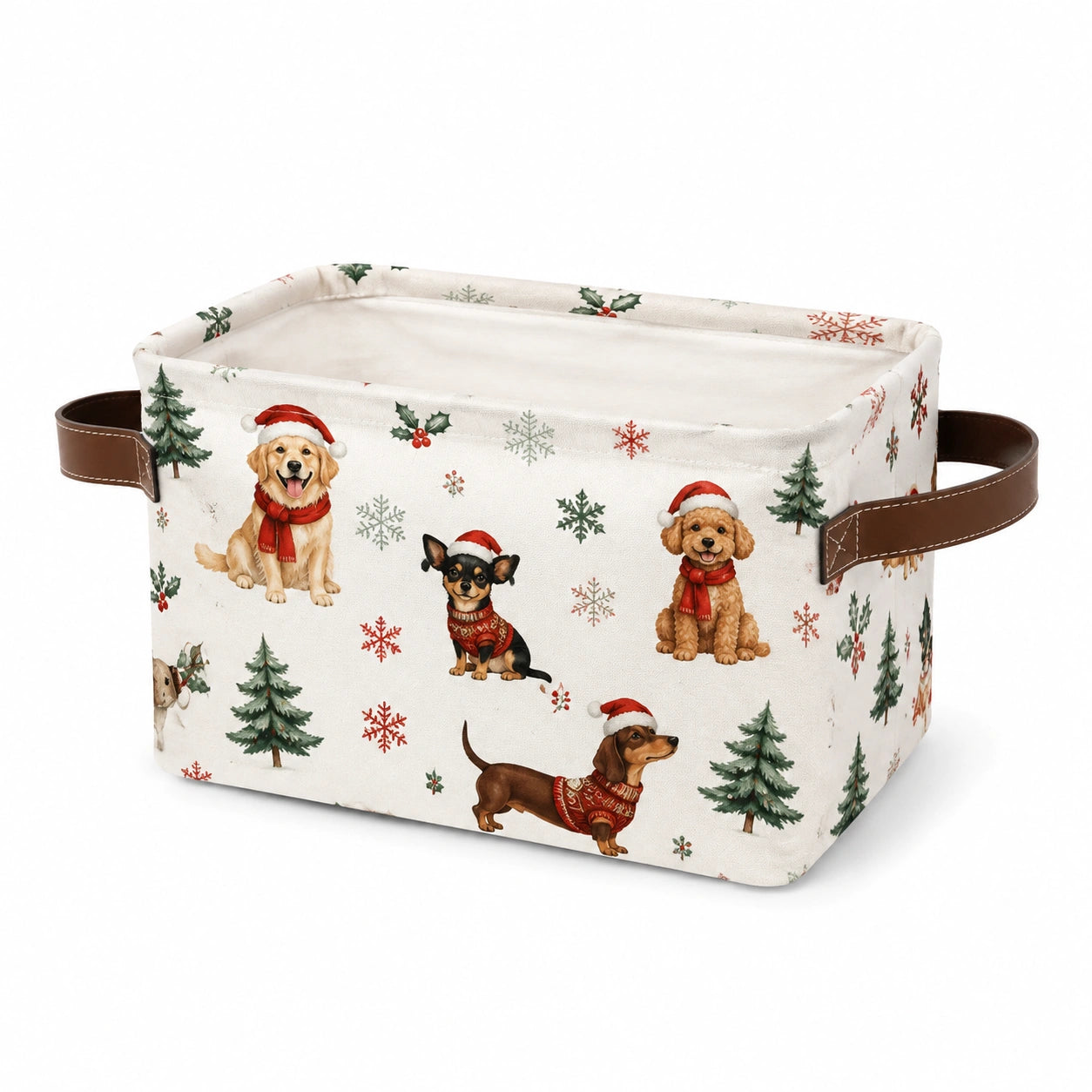 Aufbewahrungskorb 38 x 28 x 24 cm aus Textil Weiß mit Kunstledergriffen Weihnachtshunde-Motiv
