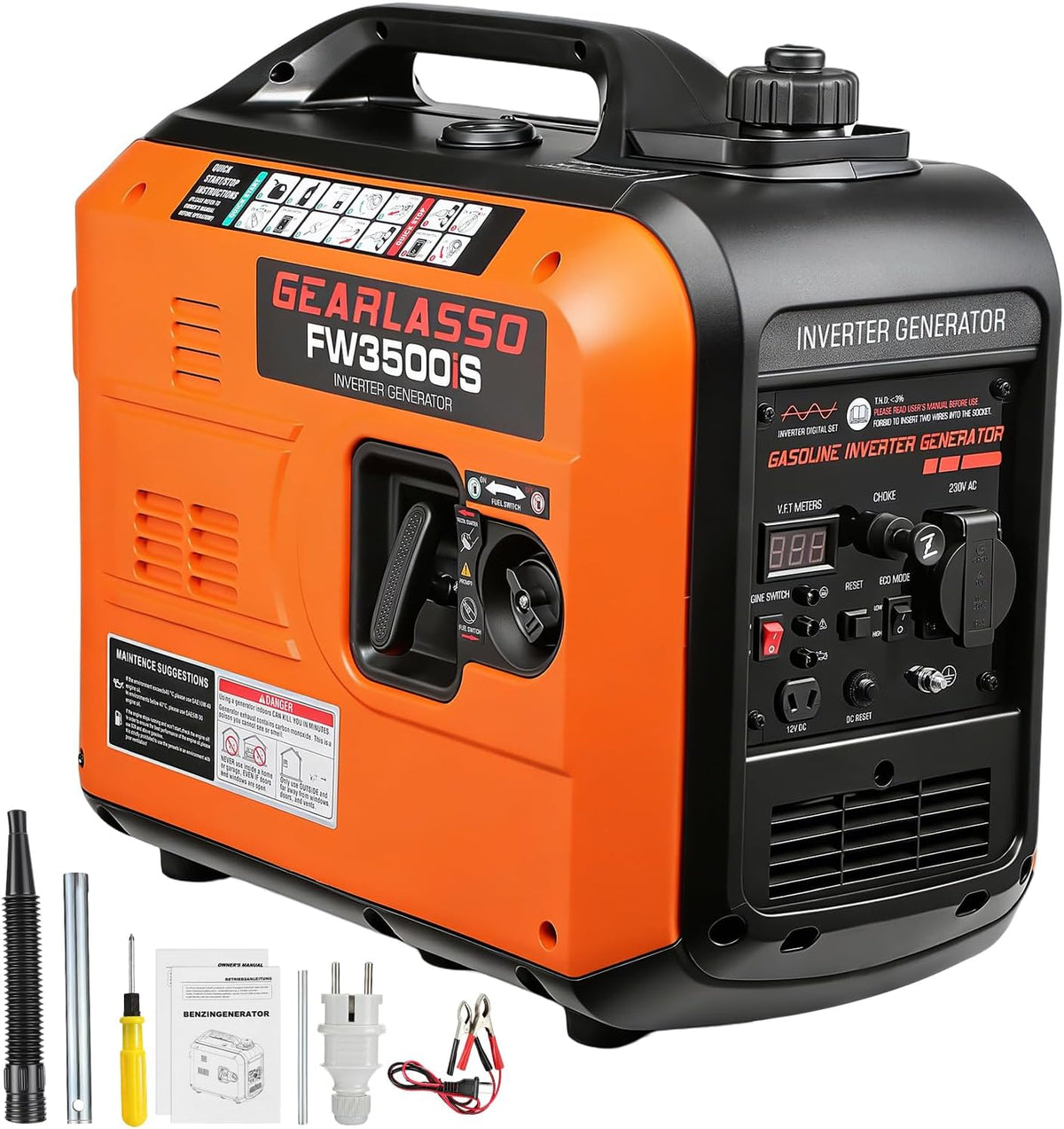GEARFLOW Powerstation, 2800 W, 230 V, 12 V, Schwarz/Orange, Inverter Stromerzeuger Stromgenerator Benzin Superleise 4
