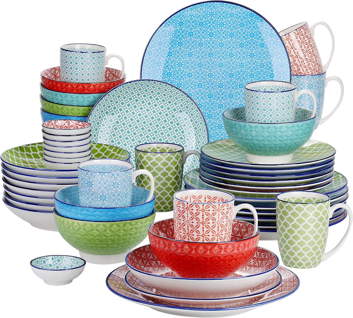 vancasso Mikrowelle, Blau/Rot/Grün, Kombiservice Porzellan, Tafelservice bunt, Macaron 48 teilig Geschirrset für 8 Personen