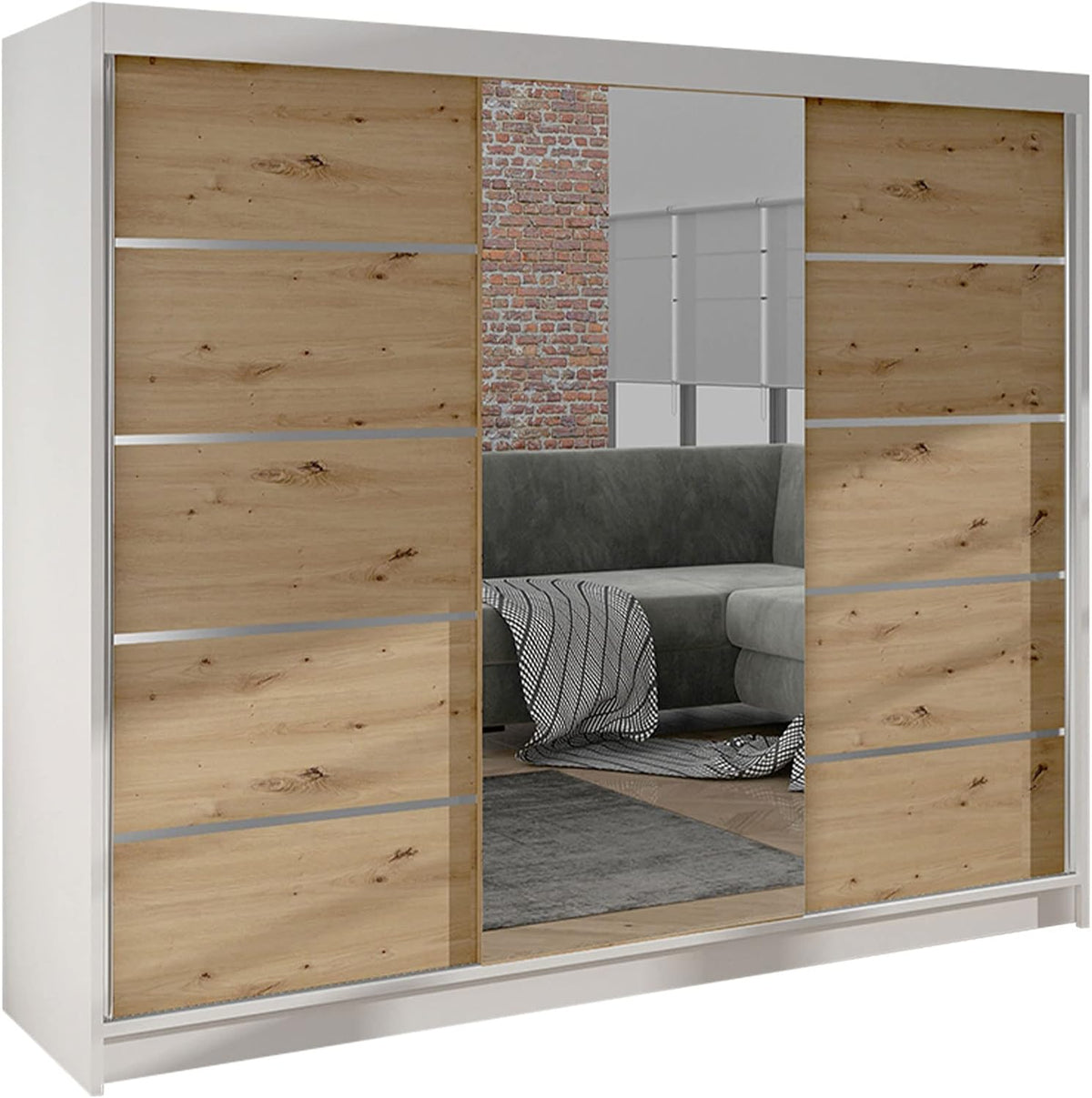 Kleiderschrank Mirjan24, Weiß/Artisan, Schlafzimmerschrank, Dotan VI mit Spiegel, Kleiderstange und Fächer, Schwebetürenschrank