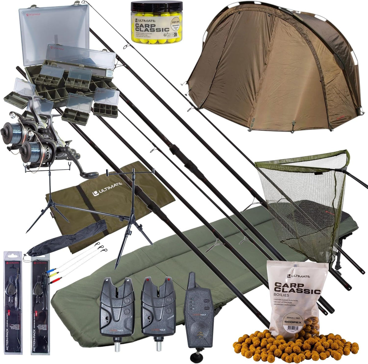 Ultimate Angelsets, Weiß, Mega Complete Carp Nachtangel-Set - Karpfenset