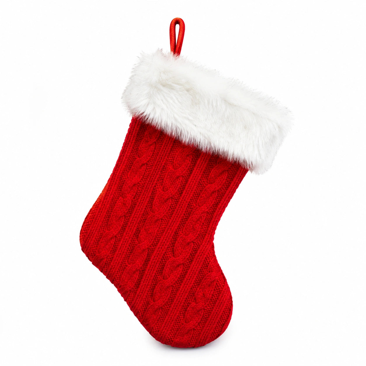 Weihnachtsstrumpf 45 cm Rot Weiß aus Strickstoff mit Kunstfell Aufhängeschlaufe