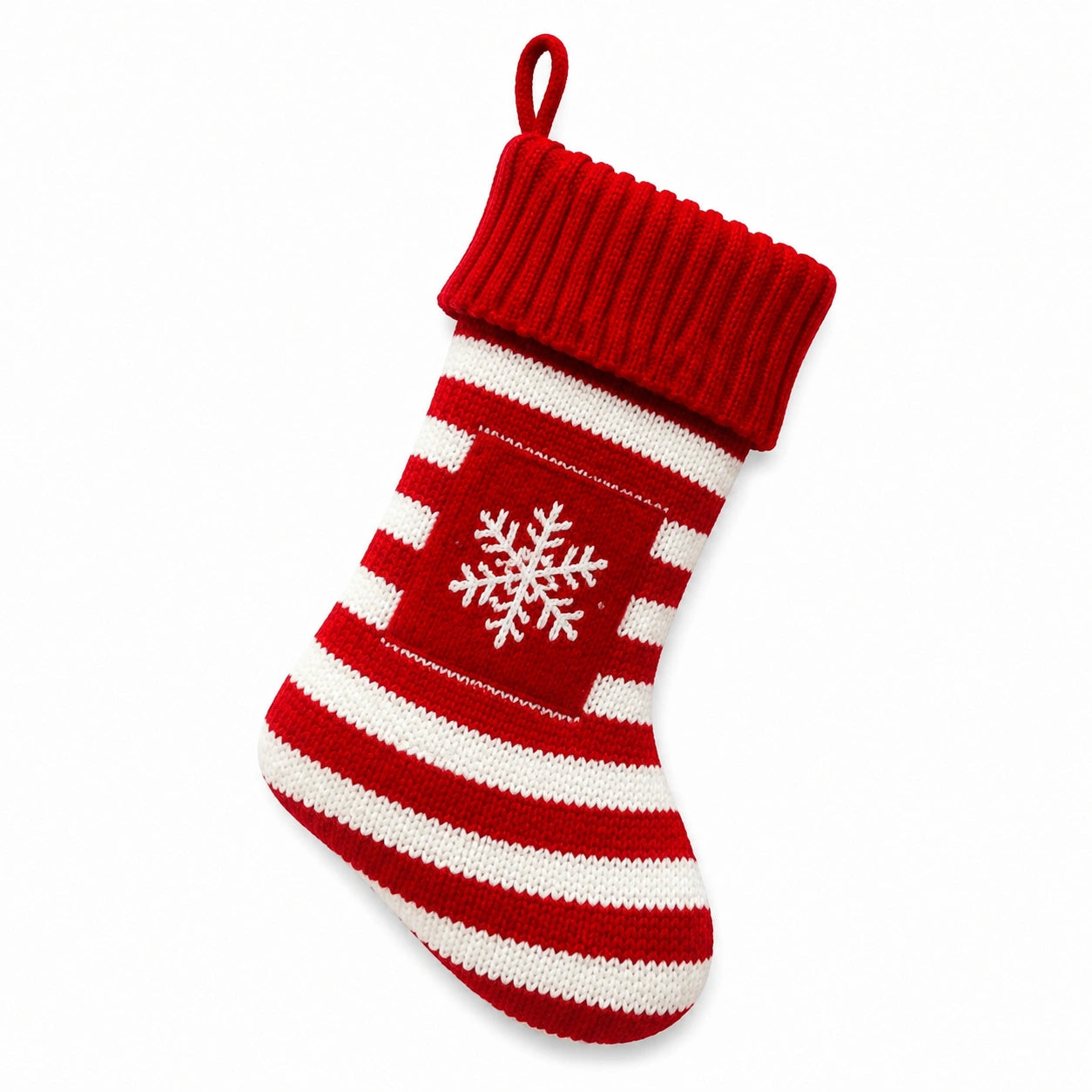 Weihnachtsstrumpf 45 cm aus Strick rot weiß zum Aufhängen mit Schneeflockenmuster