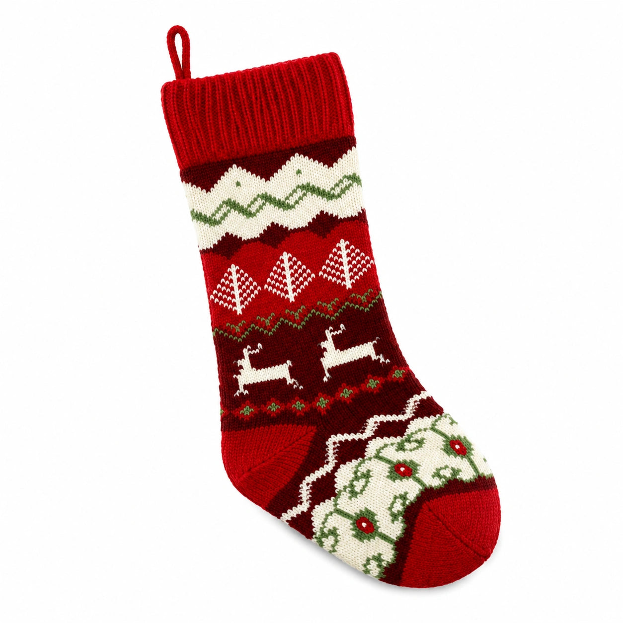 Nikolausstiefel Einheitsgröße aus Stricktextil Rot Creme Grün mit Rentiermotiv zum Aufhängen