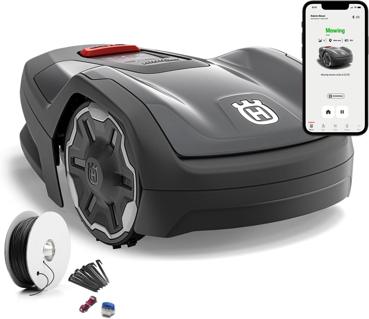 Husqvarna Mähroboter, 400 m, Grau, Automower Aspire R4 für ² Fläche I Akku Rasenmäher Roboter, Steuerung per Connect App (inkl. Sprachsteuerung