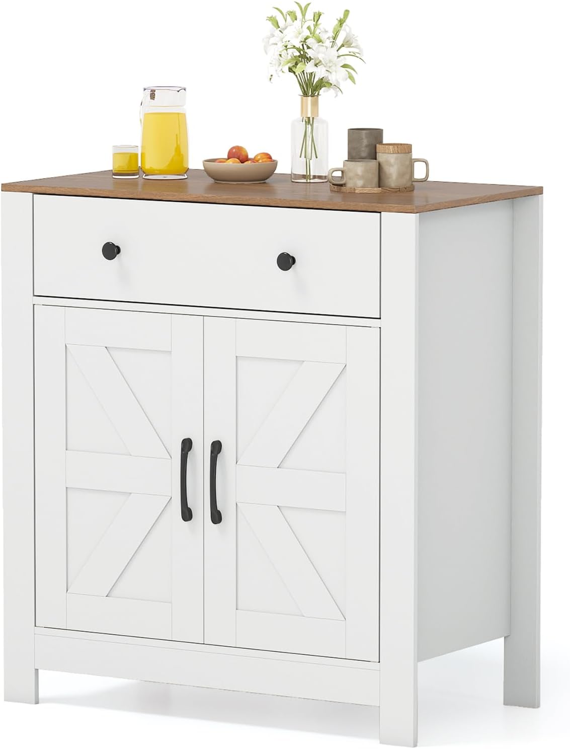 COSTWAY Sideboard, Holzwerkstoff, MDF, Natur, Küchenschrank mit Arbeitsplatte, Schublade, 2 Türen & verstellbares Regal