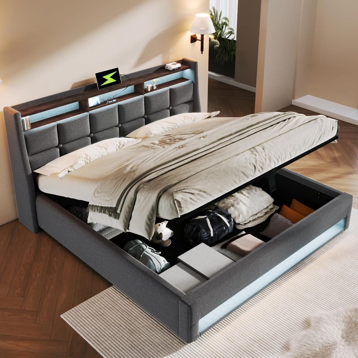 DEKKETO Boxspringbett, Grau, mit Stauraum, Polsterbet 180x200 Doppelbett mit LED und 2 USB-Anschluss, Hydraulisch Stauraumbett Rückenlehne Bettgestell