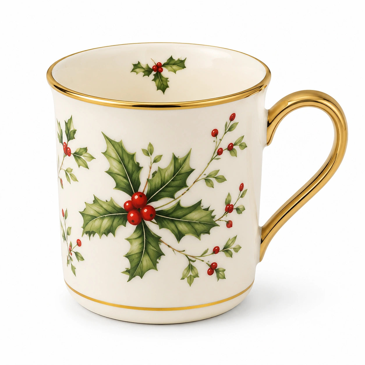 Porzellan Tasse 0.40 L Cremeweiß Grün Rot für Heißgetränke mit Stechpalmenmotiv und Goldrand