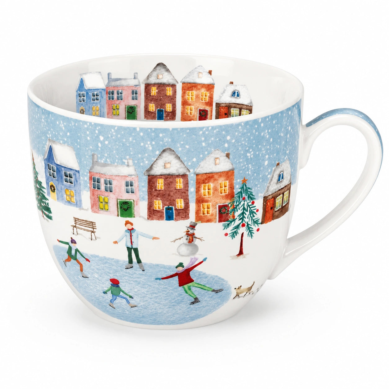 Keramiktasse 0.50 L Blau Weiß mit Winterdorfmotiv und Henkel