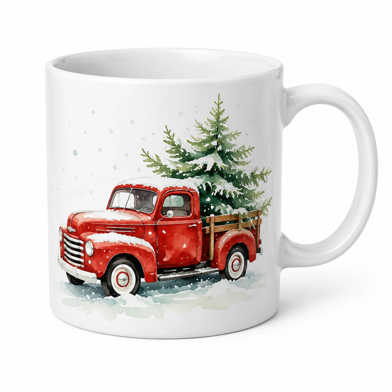 Keramiktasse 0.33 L Weiß mit rotem Winterfahrzeug Motiv im Landhausstil