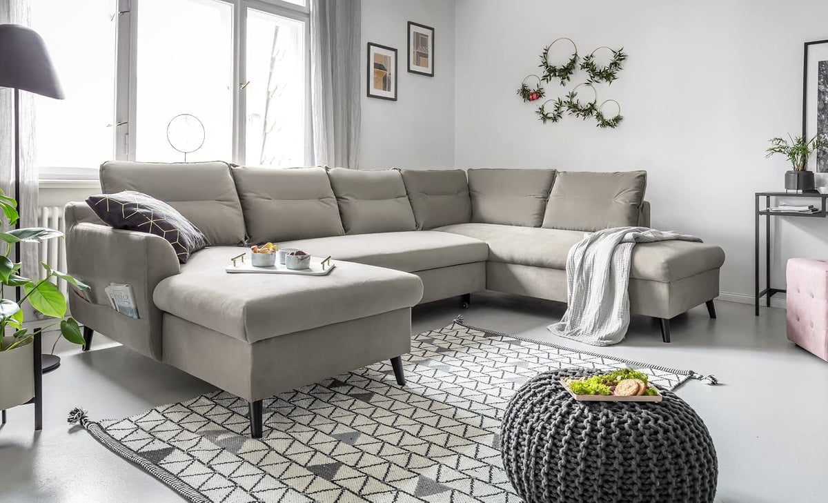 MIUFORM Sofa, Beige, Eck U-Form mit Schlaffunktion und Bettkasten, Stylish Stan, Wohnladschaft Couch Schlafcouch Wohnzimmer Gästezimmer
