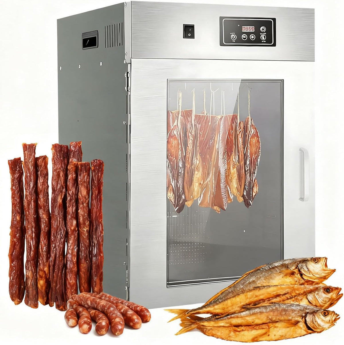 moupeaktain Reifeschrank, 7,5 kg, 800 W, 7.5 kg, Edelstahl, Grau, Gewerblicher Dry Aged, 360°-Drehkammer Dörrautomat
