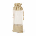 Flaschentasche 14 x 10 x 35 cm aus Jute und Netzgewebe Beige mit Kordelzug