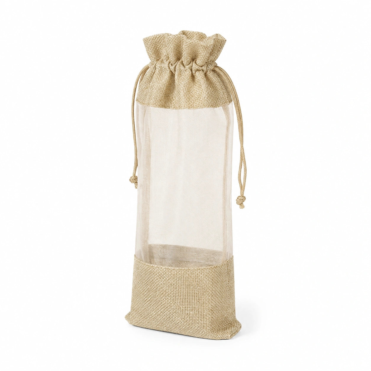 Flaschentasche 14 x 10 x 35 cm aus Jute und Netzgewebe Beige mit Kordelzug