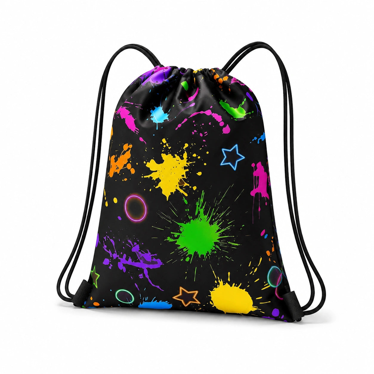 Turnbeutel 35 x 40 cm aus Polyester Schwarz mit Farbspritzer Print und Kordelzug