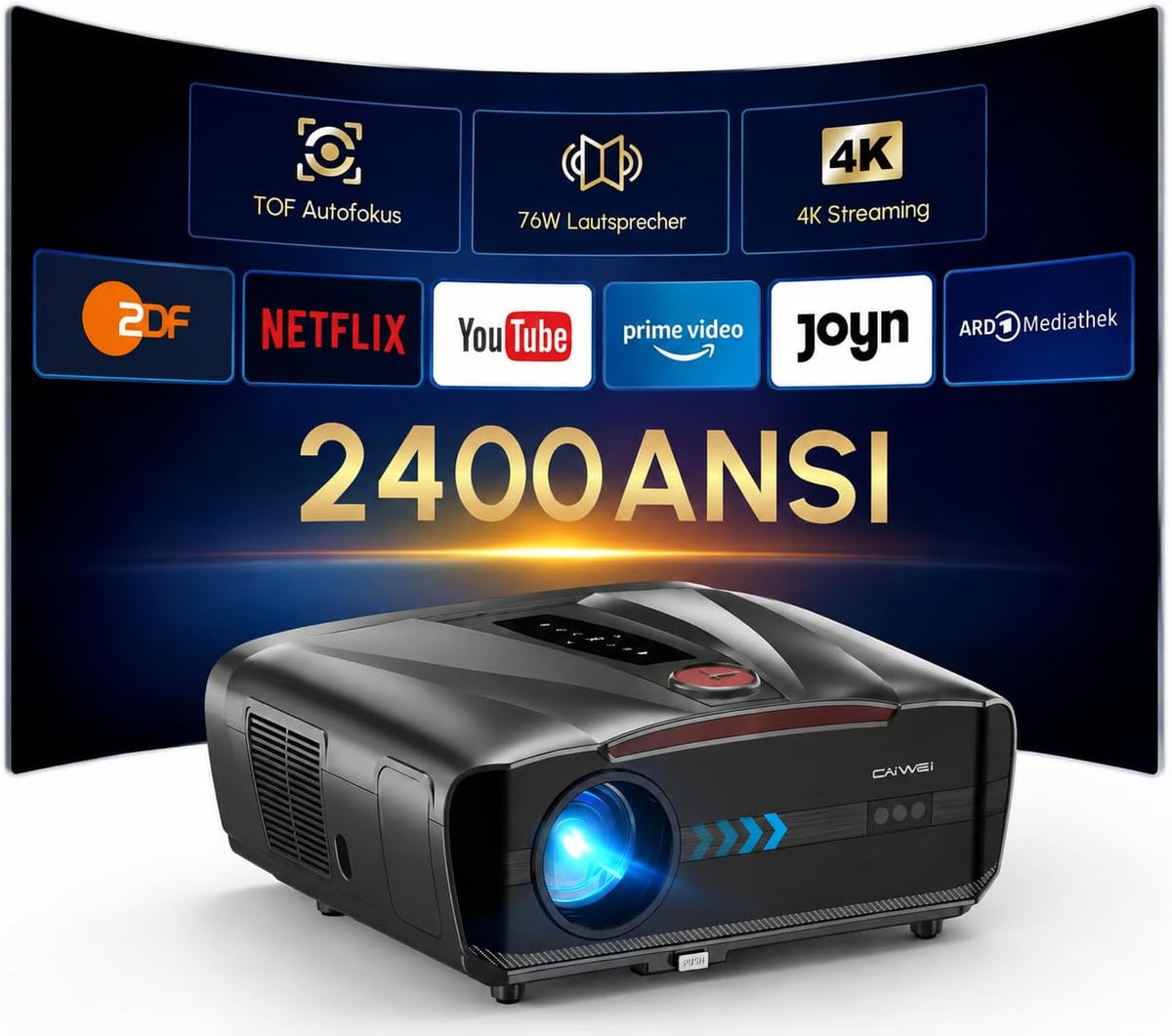 Tageslicht Beamer, Schwarz, 4K Heimkino 2400 ANSI, HDR10+, Smart TV mit Apps, Dolby Audio, WLAN, Bluetooth, 2 HDMI eARC/CEC