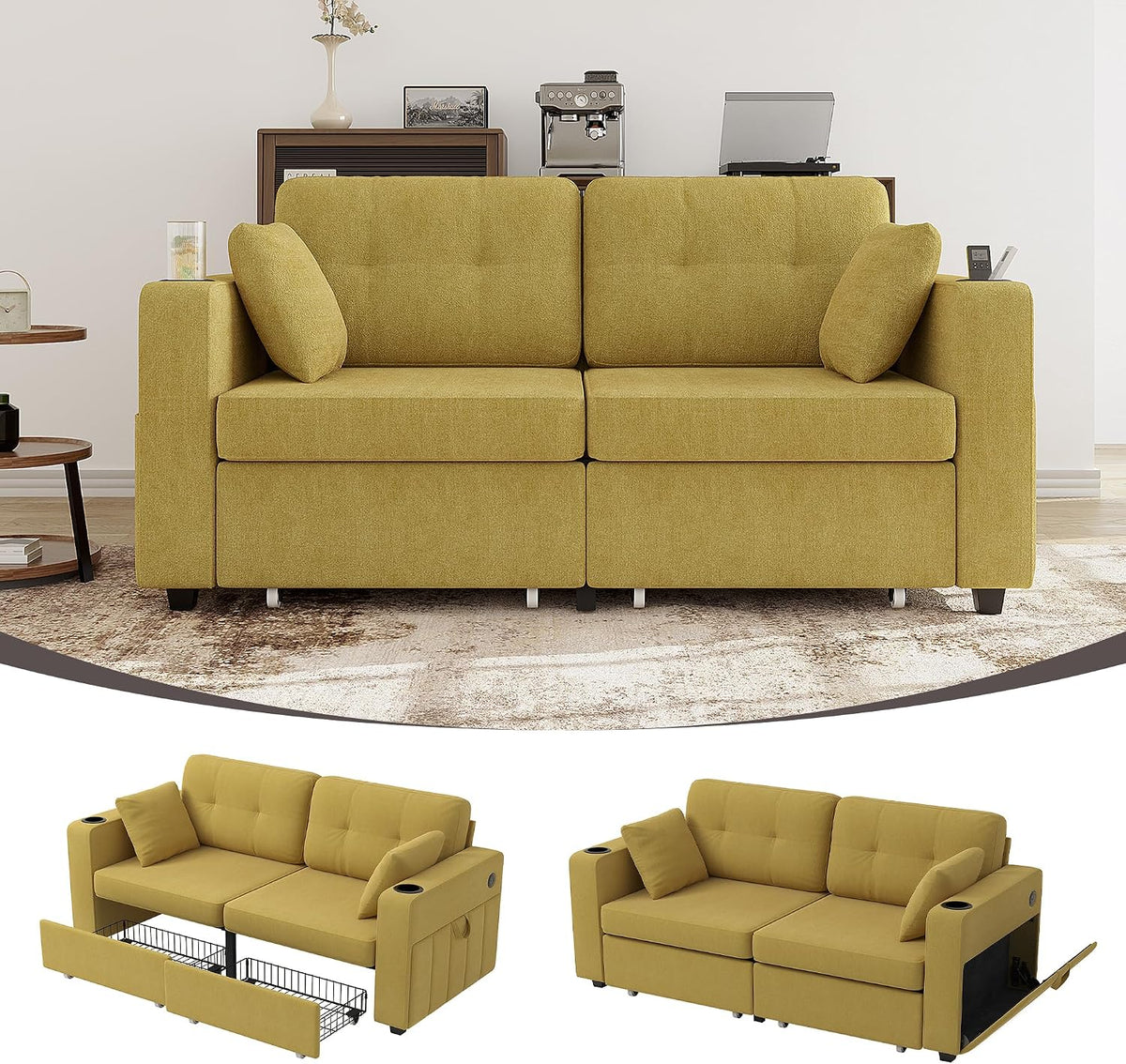STAPERFO Sofa, 172x75x82 cm, Senfgelb, 2 Sitzer mit Stauraum, 2 Schubladen & USB Anschluss, kleines Chenille mit Getränkehaltern & Seitentaschen