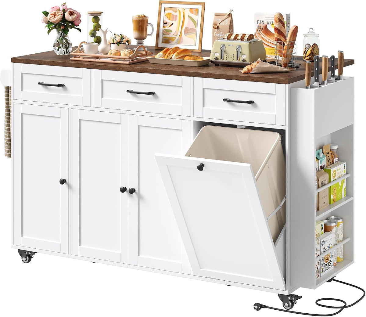 FirFurd Sideboard, Hochdichte MDF-Platten, kratzfeste Oberfläche, Grau, Kücheninsel freistehend mit Rollen, Küchenwagen mit Steckdoseleiste