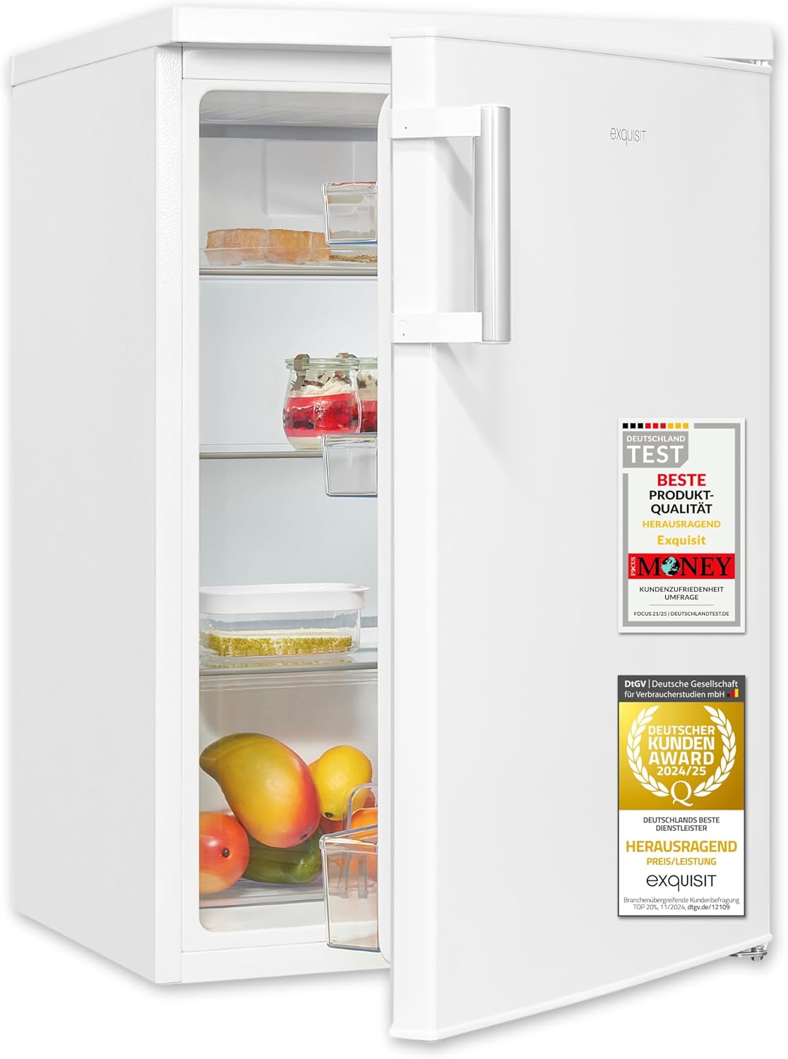 Exquisit Kühlschrank, 133 l, 40 dB, Weiß, Vollraum, Nutzinhalt, Energieklasse E, kompakte Bauform, LED-Innenbeleuchtung