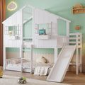 MYBOO Bett, Weiß, Etagen Kinder 90x200, Hoch Haus für 2 Kinder, Stock mit Rutsche&Leiter&Fenstern&Dach&Aufbewahrungsbox