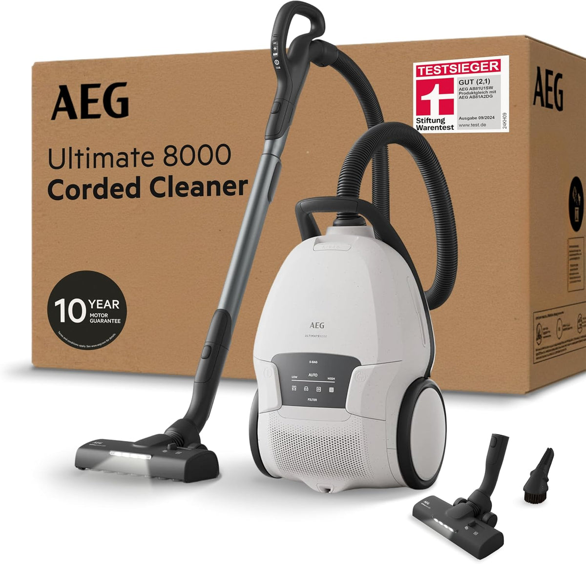 AEG Staubsauger, 12m, Schwarz, Ultimate 8000 mit Beutel, Testsieger der Stiftung Warentest, hohe Saugleistung, Auto-Modus