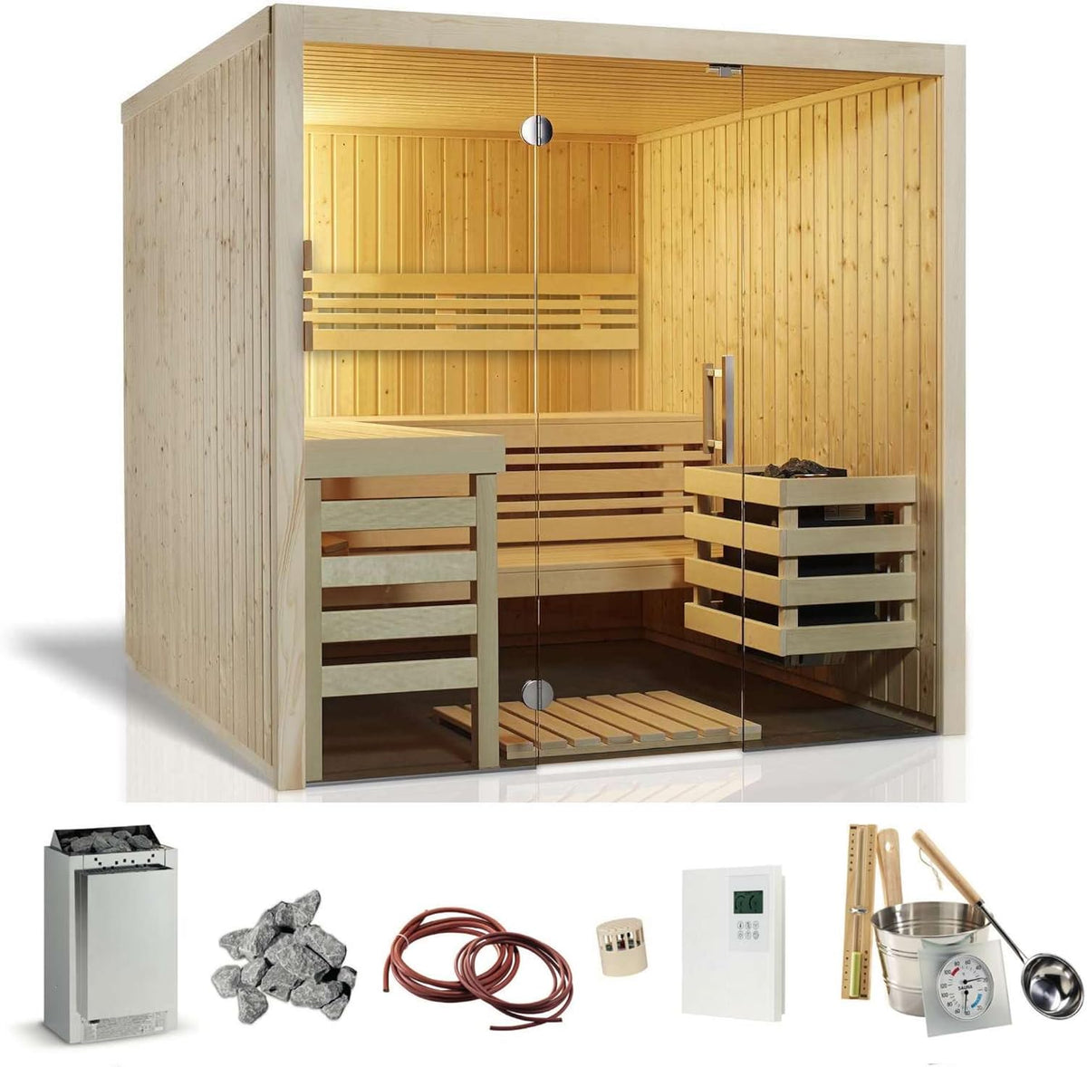 Infraworld Gartensaunas, 210x210x203 cm, Holz/Glas, Panorama 210 Sauna Komplettset Bi-O Combi Saunakabine