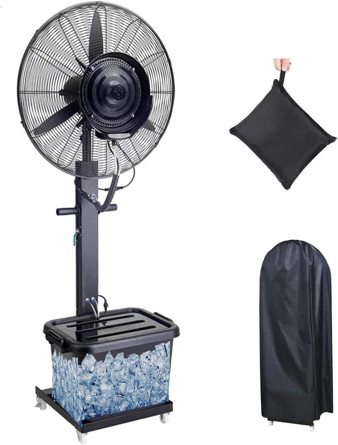 WOMGKDA Ventilator, 29 Zoll, 750 mm, Weiß, mit Wasserzerstäuber, Befeuchtung, Stand, 3 Geschwindigkeiten, Kühlung für Terrasse
