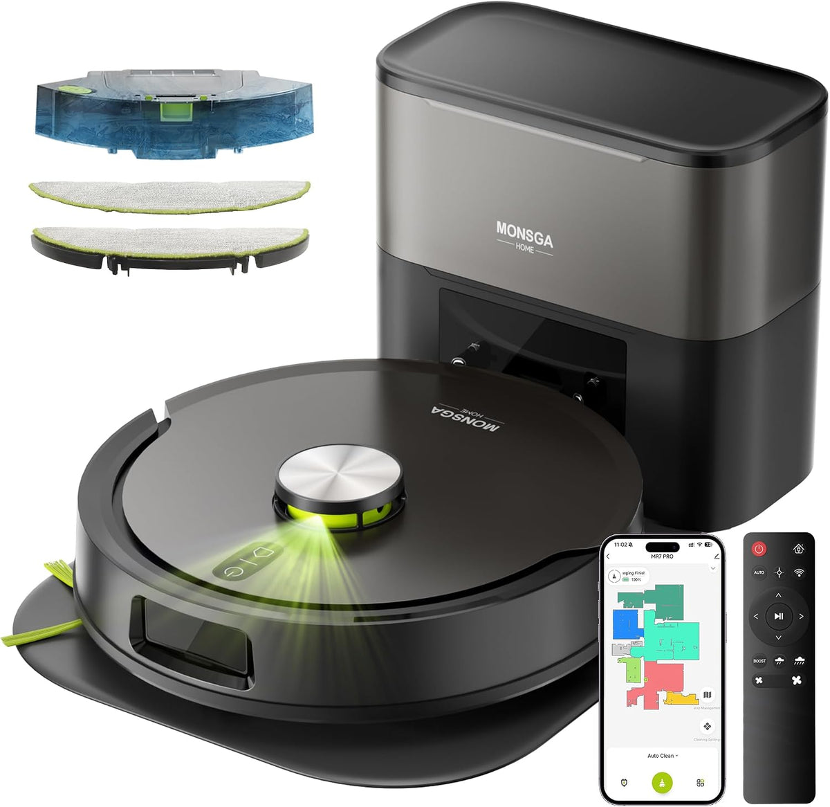 MONSGA Saugroboter, 4 L, Schwarz, mit Wischfunktion 8000PA & Absaugstation Selbstentl