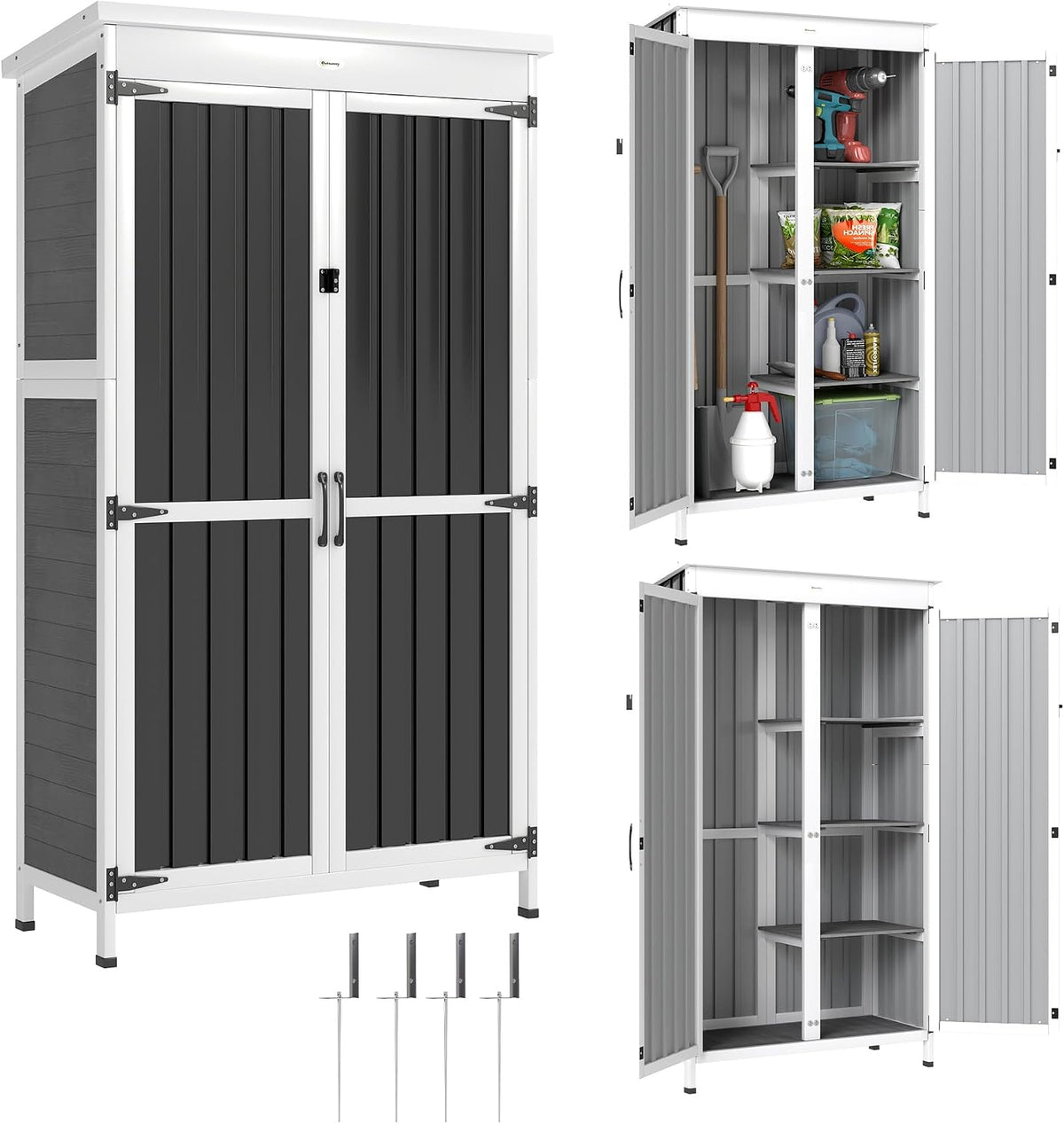 Gerätehaus Outsunny, 94 x 43 x 166 cm, schwarz, Gartenschrank aus Fichtenholz und Stahl, Garten mit abschließbarer Tür