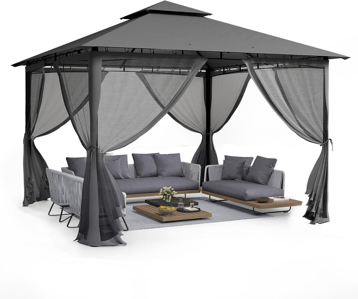 UDPATIO Pavillon, 35m, Grau, 35x3, Wasserdicht Stabil Winterfest, Garten mit Doppeldach, Moskitonetz und Metallrahmen