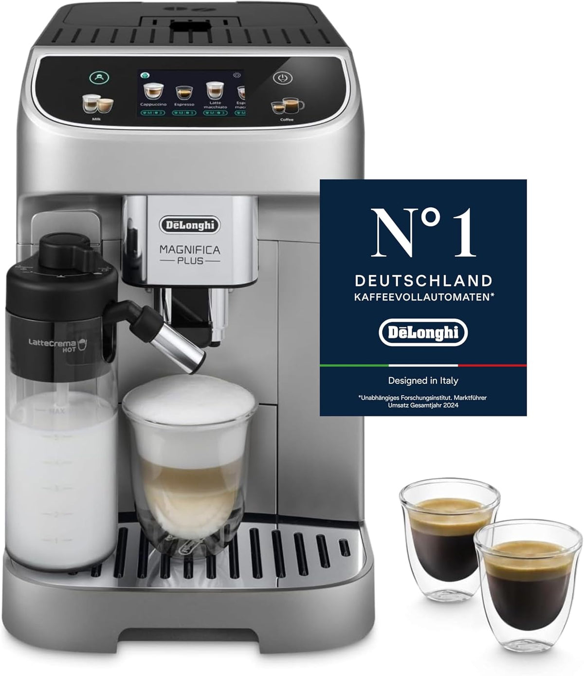 De'Longhi Kaffeevollautomat, Silber/Schwarz, Magnifica Plus - Perfetto mit LatteCrema-Milchaufschäumer, 18 One-Touch-Getränke