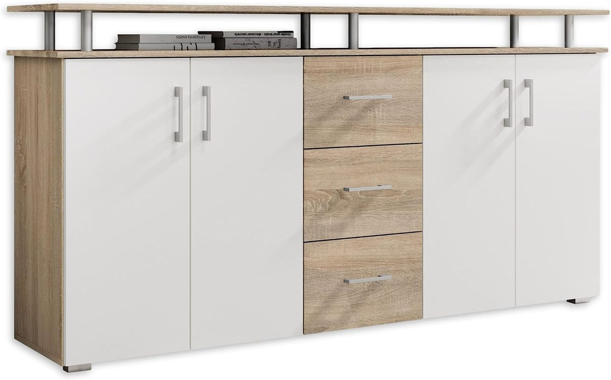 Stella Trading Hochschränke, 178 x 90 x 38 cm, Weiß/Eiche, Highboard mit Ablage in Eiche Sonoma Optik