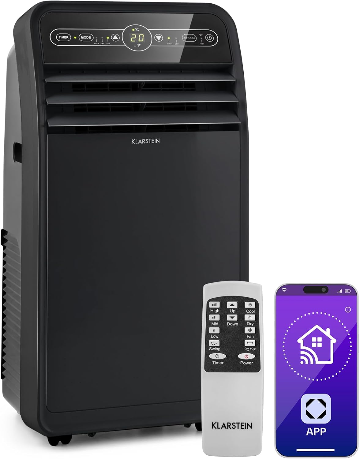 Klarstein Klimaanlage, Schwarz, Mobile mit Abluftschlauch, 4-in-1 Klimagerät mit Ventilator, Luftentfeuchter & Nachtmodus