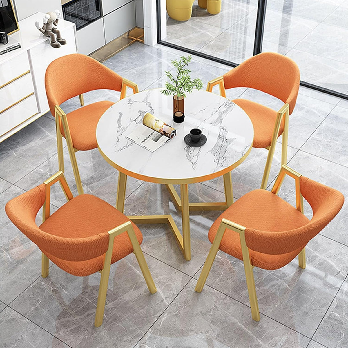 Sofa Rundes, Weiß/Orange, Esstisch-Set für 4 5-teilige Marmor-Tische und 4 Stühle, eleganter Büro-Couchtisch, modernes Design
